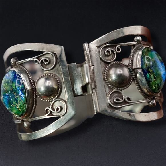 Vintage Taxco Mexico 925 Sterling Silver Link Bracelet Dragon’s Breath Cabochons - Picture 6 of 17